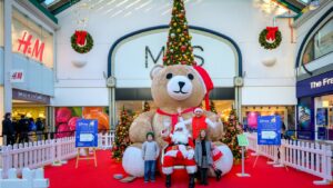 A photo of the Christmas display that Christmas Creations created for Christmas 2023. The image shows a father christmas with a family, sitting on a chair in front of a giant teddy bear with christmas decorations surrounding them.